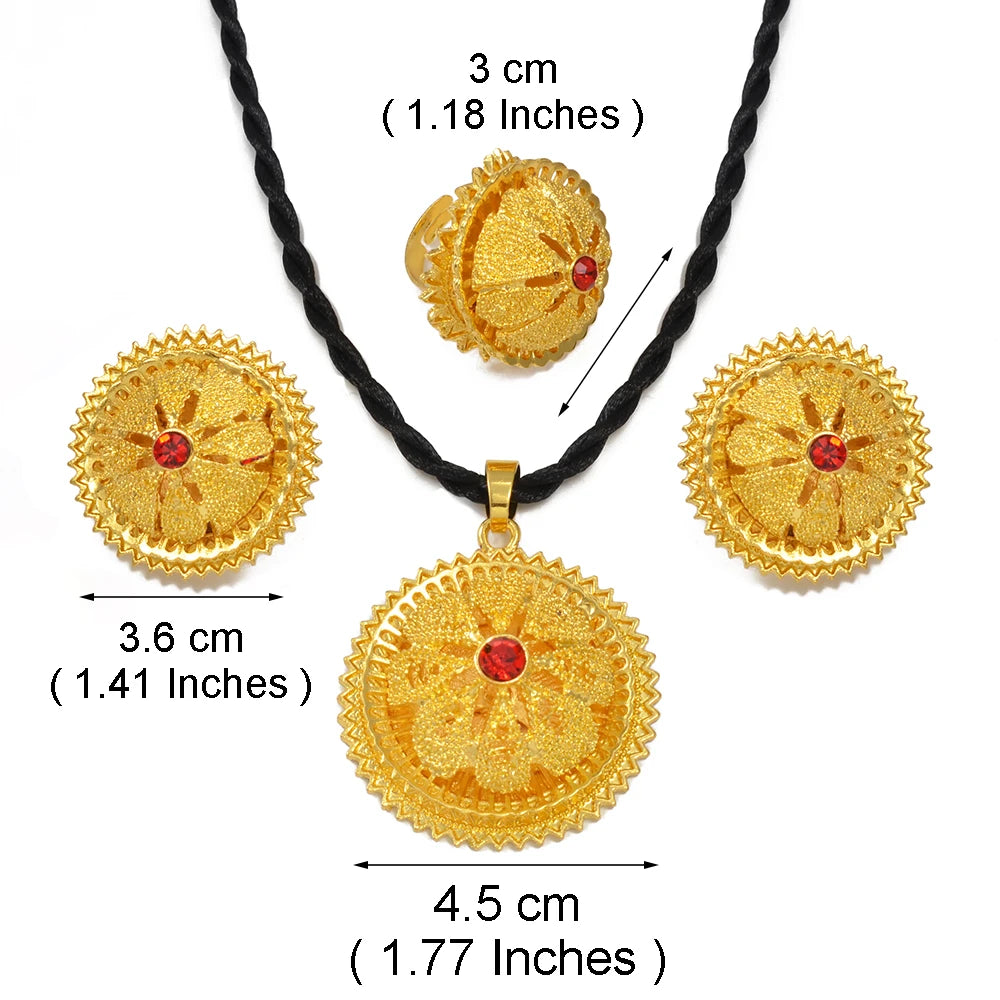 Ethiopian Jewelry Sets Red Stone Pendant and Black Rope Earrings Bracelet Rings Habesha Eritrean African Wedding