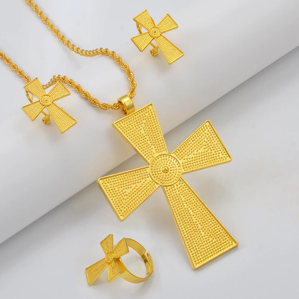 African Ethiopian Cross Jewelry Sets for Women Gold Color Necklaces Earrings Rings