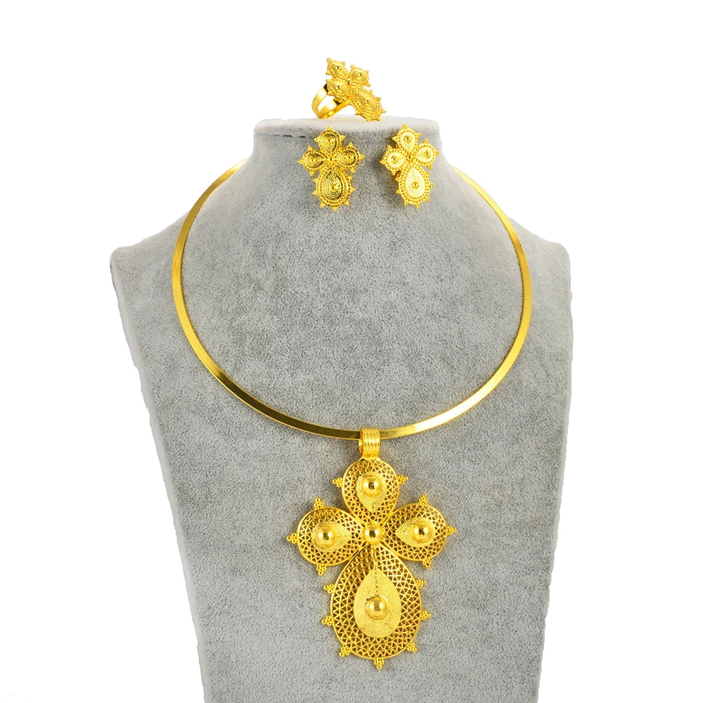African Gold Color Big Cross Round Chokers Earrings and Ring Jewelry Sets Ethiopian Eritrean Wedding Habesha