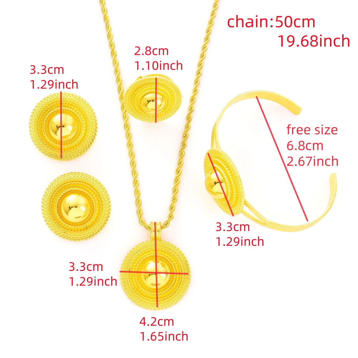 Africa Gold Color Round Geometry Jewelry Set Dubai Pendant Necklace Ring Earrings Arab Ethiopian Bride Wedding Party Gifts