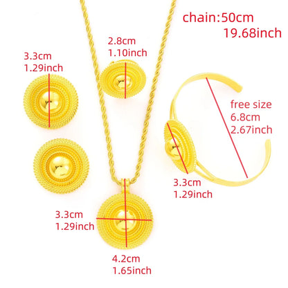 Africa Gold Color Round Geometry Jewelry Set Dubai Pendant Necklace Ring Earrings Arab Ethiopian Bride Wedding Party Gifts