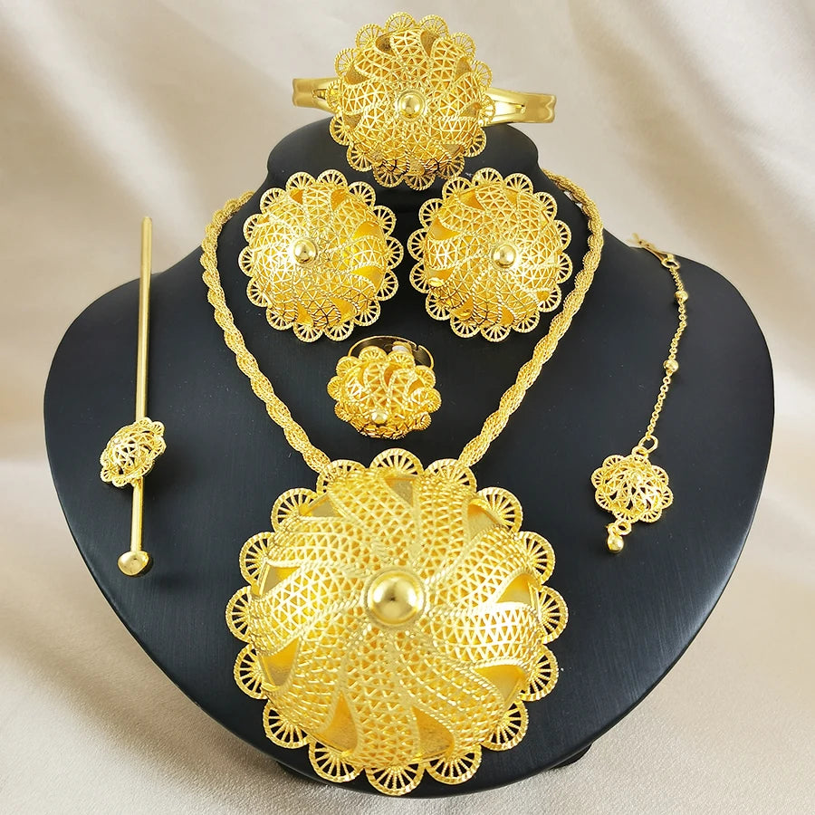 Luxury Gold Plated Filigree Jewelry Set Ethiopian Traditional Bib Necklace Bangle Earrings Ring for Women Wedding Gift