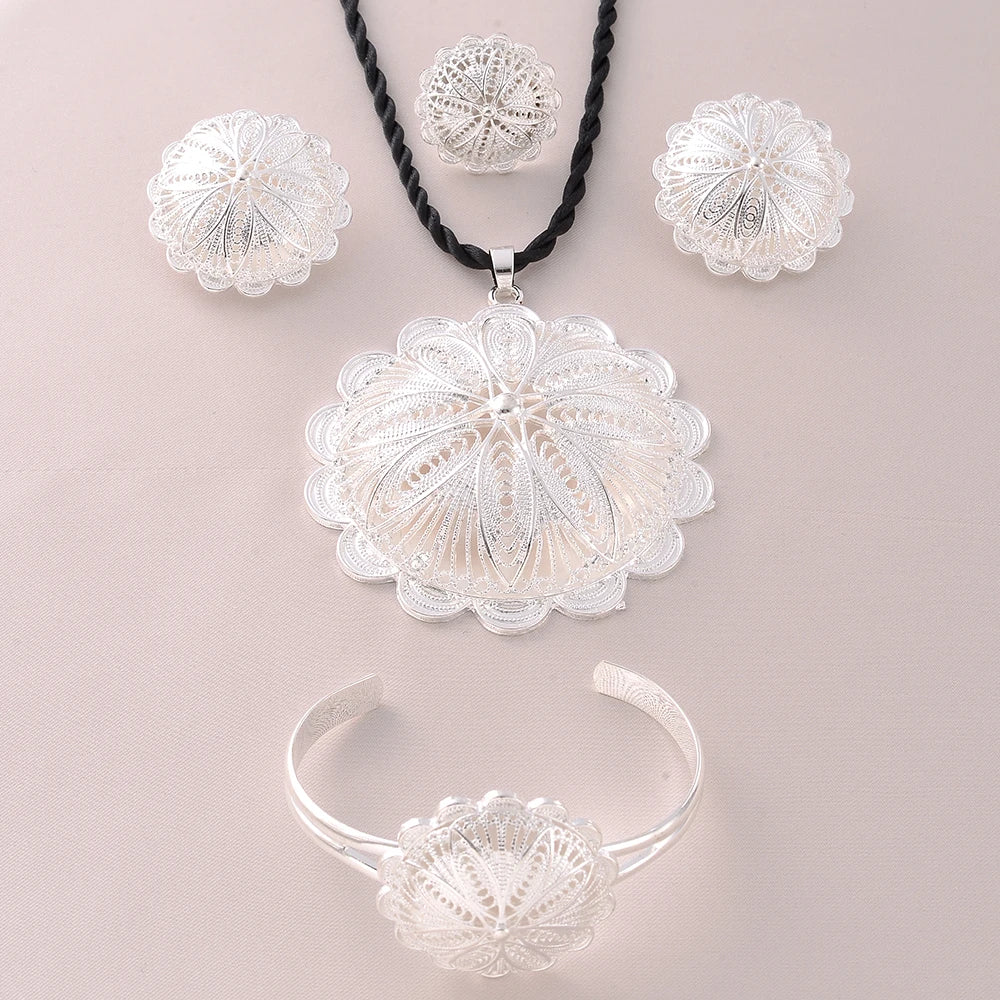 Silver Plated Fashion Ethiopian Big Size Earrings/Pendant/Ring Jewelry Sets Silver Plate Africa Bride Wedding Eritrea Set Gifts