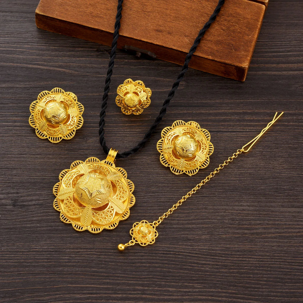 4-piece African Arab Luxury Jewelry Set Golden Color Star Pattern Pendant Ring Earring Head Chain Ethiopian Bride Wedding Gift