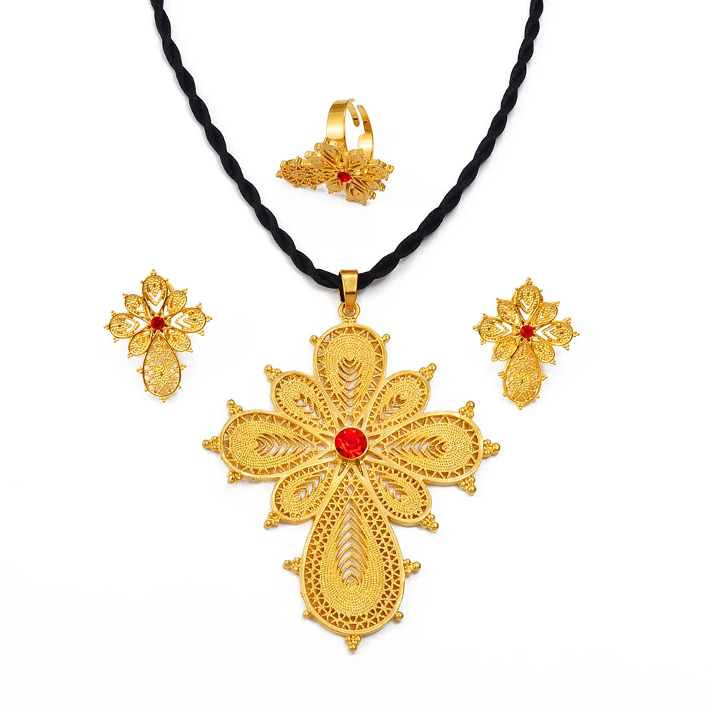 Ethiopian Jewelry sets Cross Pendant Necklaces Earrings Rings Silver/Gold Color African Eritrean Habesha Wedding