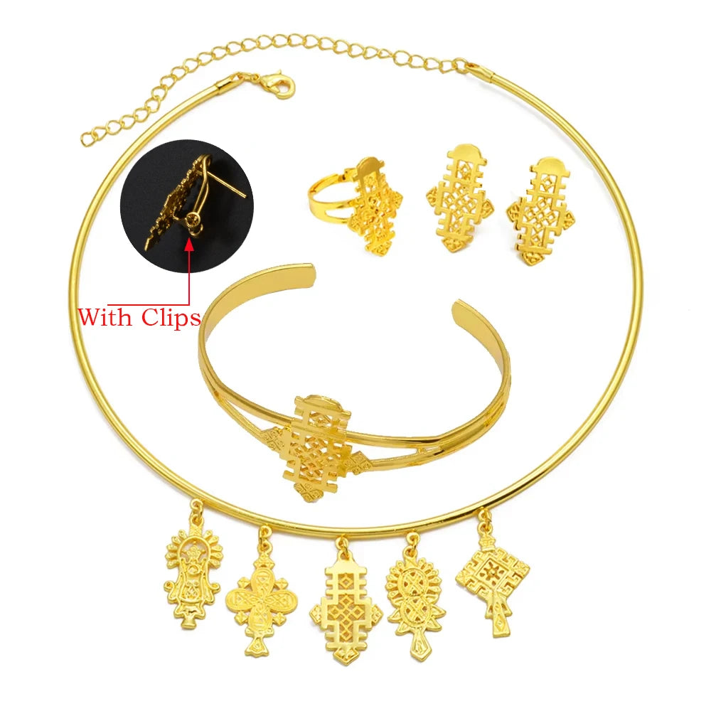 Ethiopian Eritrea Ethnic Jewelry Sets With Cross Chokers Earrings Rings for Women  Africa Wedding Party Gifts