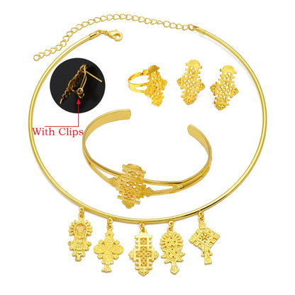 Ethiopian Eritrea Ethnic Jewelry Sets With Cross Chokers Earrings Rings for Women  Africa Wedding Party Gifts