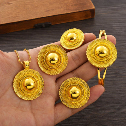 Africa Gold Color Round Geometry Jewelry Set Dubai Pendant Necklace Ring Earrings Arab Ethiopian Bride Wedding Party Gifts