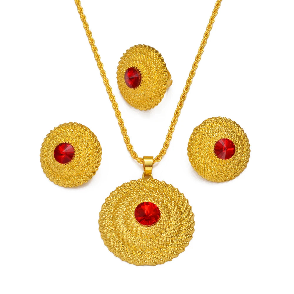 Ethiopian Jewelry Sets RED/BLUE/GREEN Pendant Necklaces Earrings Rings Habesha Eritrean African Marriage Dowry