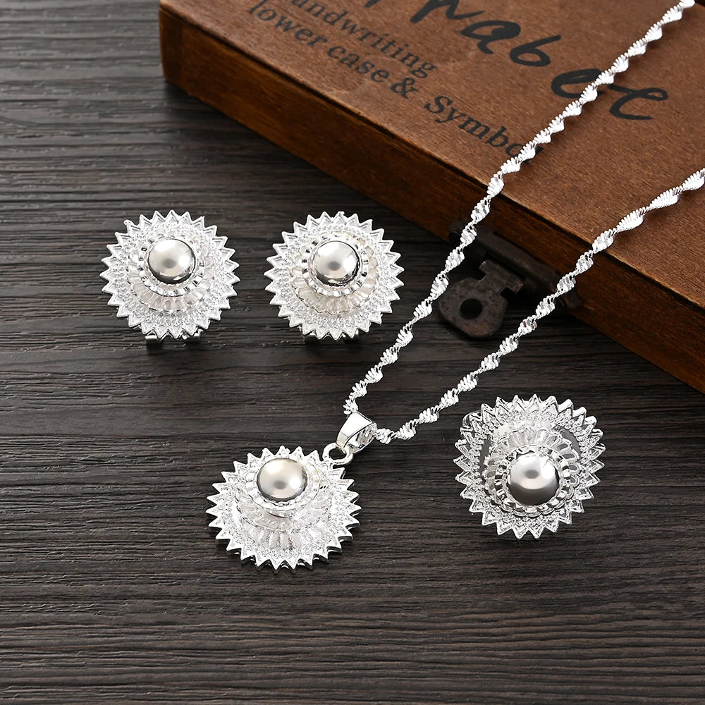 Ethiopian Silver Color Small Jewelry Sets Necklace Earrings Ring Gifts Party Jewellery Set For Women