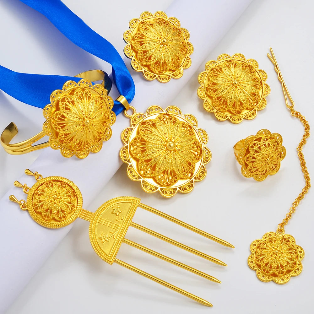 Ethiopian Jewelry sets Necklace Earrings Ring Hairpin Forehead Chain Bracelet Eritrean African Ethnic Bridal