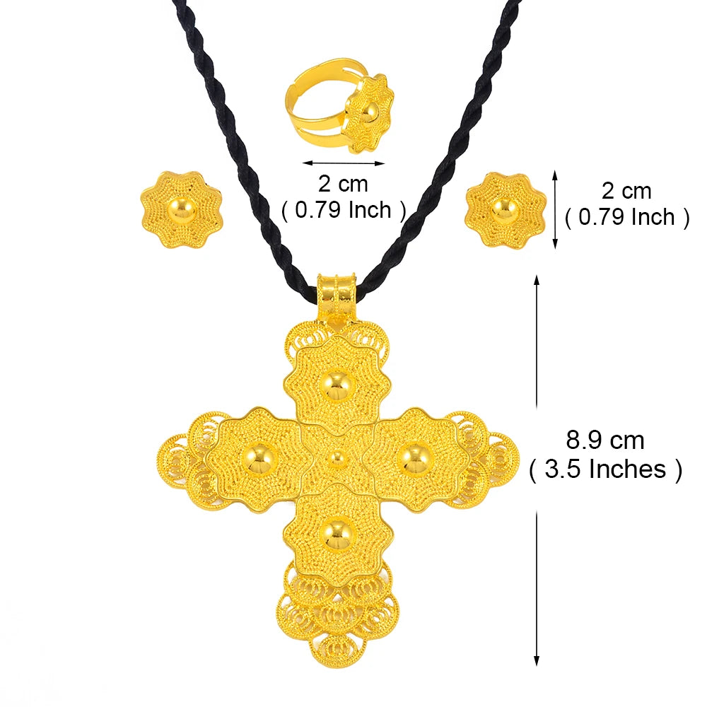 Ethiopian Large Pendant Necklaces Earrings Ring Gold Color Jewelry sets African Eritrean Traditional Ethnic Goods
