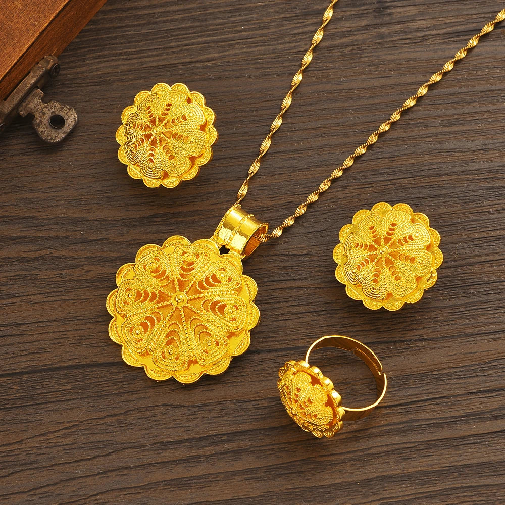 Gold Plated Fashion Ethiopian Big Size Earrings/Pendant/Ring Jewelry Sets Gold Plate Africa Bride Wedding Eritrea Set Gift