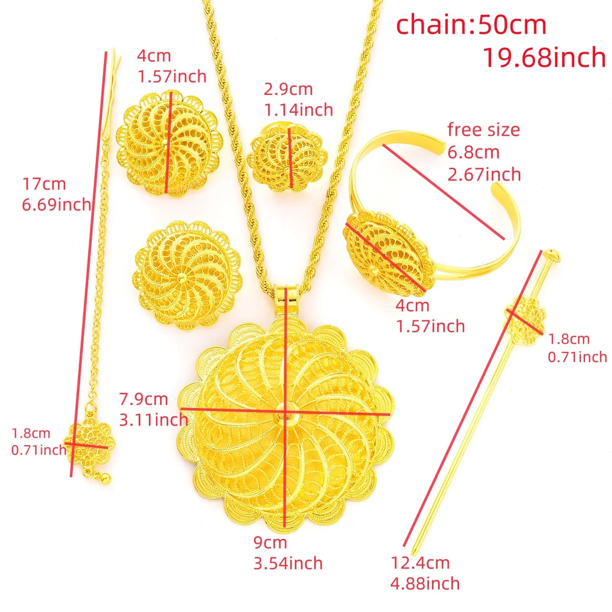 Ethiopian Gold Color Jewelry Sets Big Pendant Necklace Earrings Bracelet Rings  Gift Bride Wedding Party