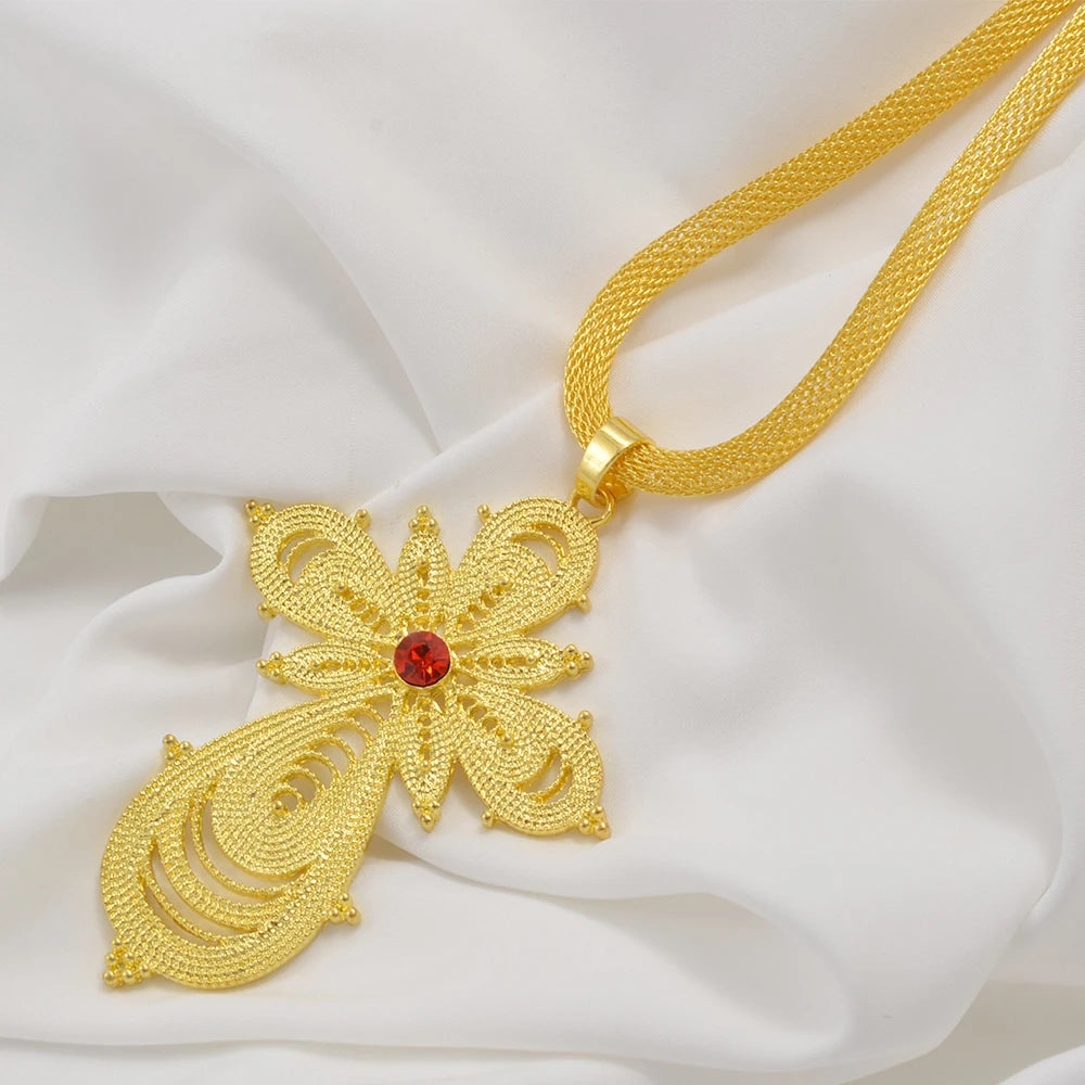 Ethiopian Big Cross Pendant Necklaces for Women  Gold Color Eritrean African Ethnic Traditional Jewelry