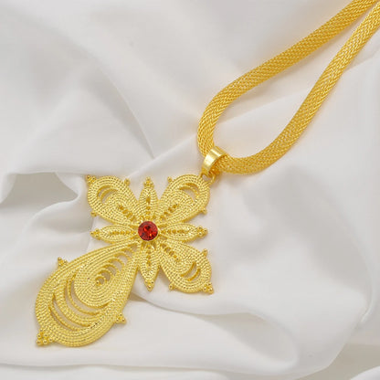 Ethiopian Big Cross Pendant Necklaces for Women  Gold Color Eritrean African Ethnic Traditional Jewelry