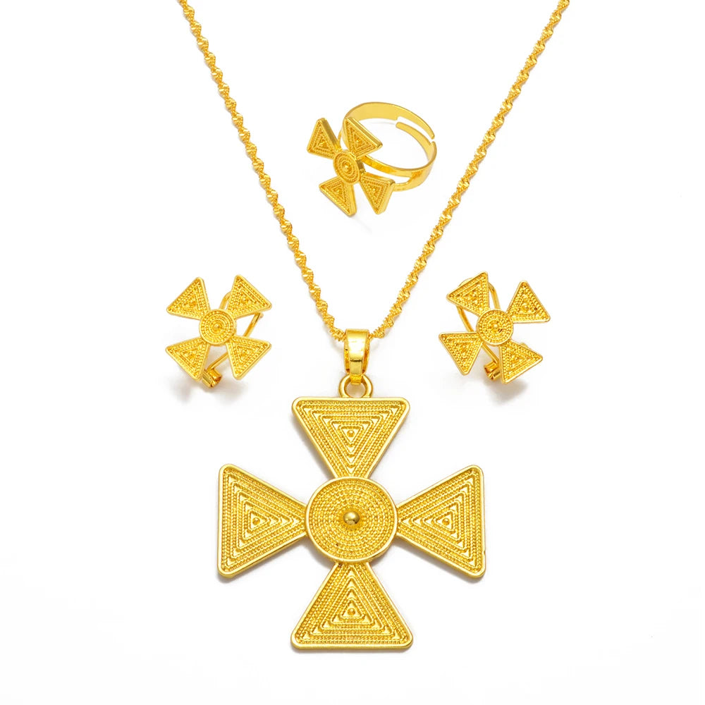 Ethiopian Jewelry Sets for Women Pendant Necklaces Earrings Ring Gold Color Eritrean Ornaments