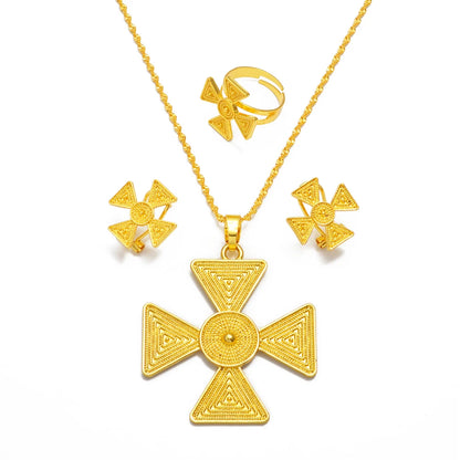 Ethiopian Jewelry Sets for Women Pendant Necklaces Earrings Ring Gold Color Eritrean Ornaments