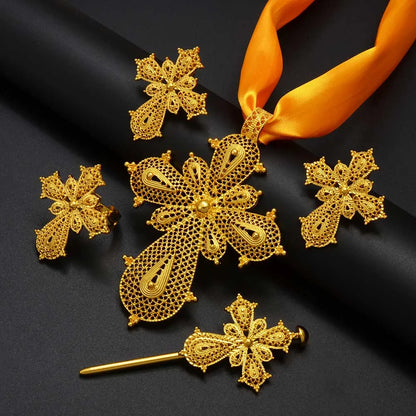 Ethiopian Cross Jewelry sets Silver/Gold Color Necklaces Earrings Ring Hairpin Eritrean African Ethnic Wedding