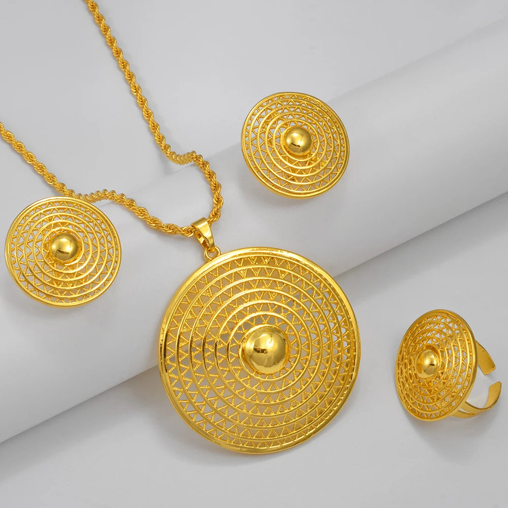 Ethiopian Jewelry Sets for Women Round Pendant Necklaces Earrings Ring Gold Color Eritrean Wedding Party