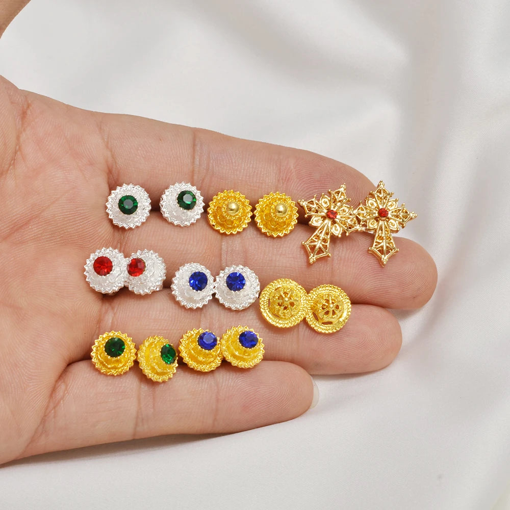 Ethiopian Small Round & Cross Stud Earrings Women  Eritrean Jewelry African Little Ear Studs With Rhinestone