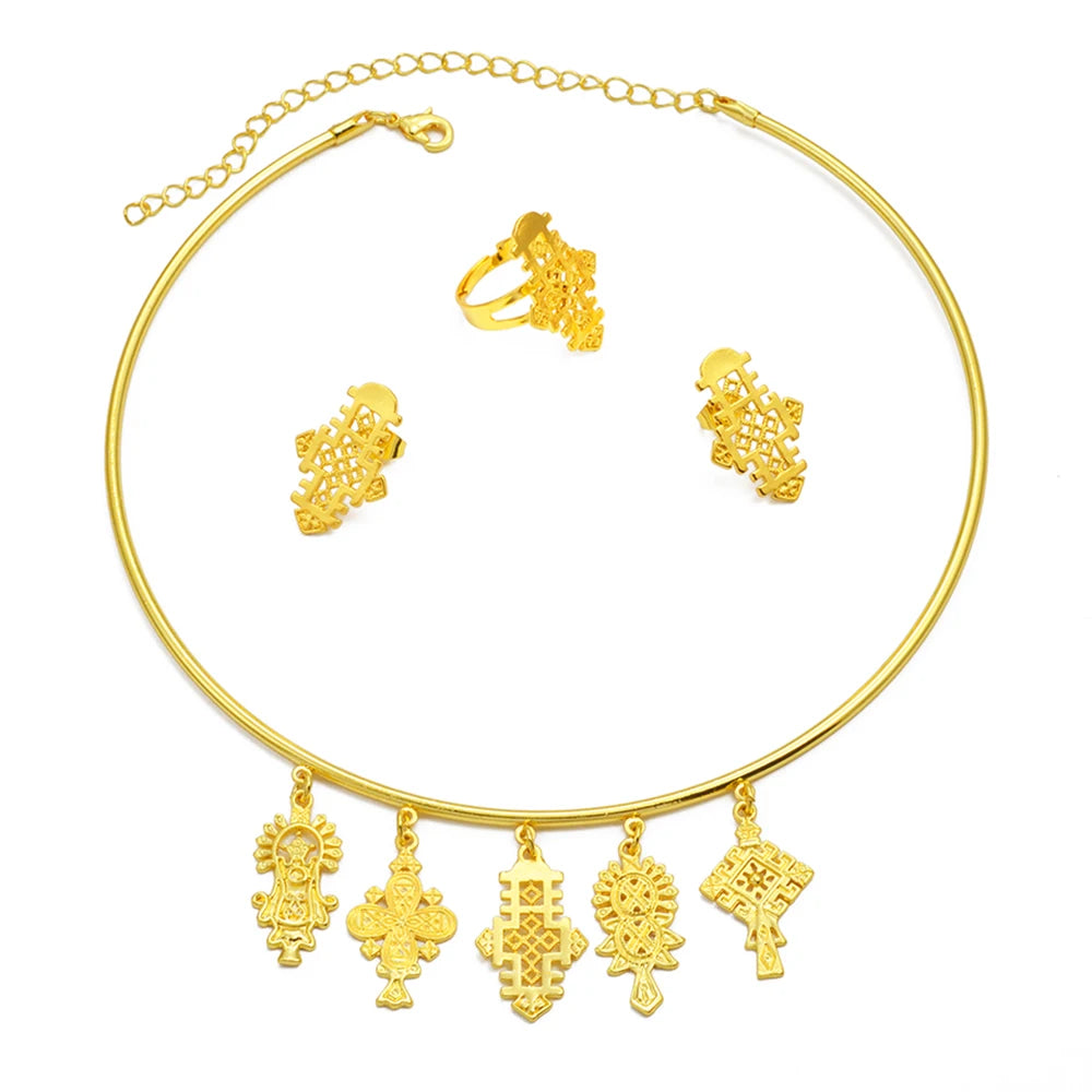 Ethiopian Eritrea Ethnic Jewelry Sets With Cross Chokers Earrings Rings for Women  Africa Wedding Party Gifts
