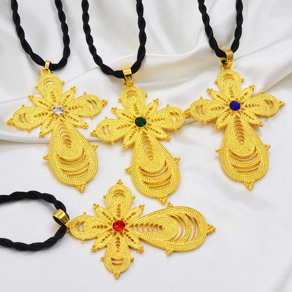 7.6CM Ethiopian Big Cross Pendant Black Rope for Women ,Eritrean Wedding Jewelry African Crosses