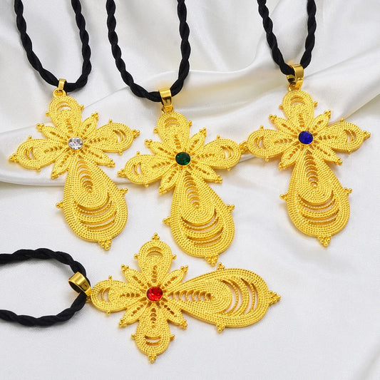 7.6CM Ethiopian Big Cross Pendant Black Rope for Women ,Eritrean Wedding Jewelry African Crosses