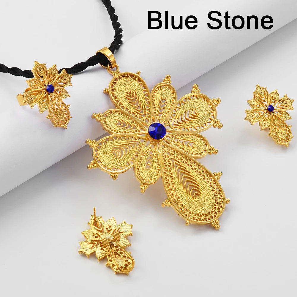Ethiopian Jewelry sets Cross Pendant Necklaces Earrings Rings Silver/Gold Color African Eritrean Habesha Wedding