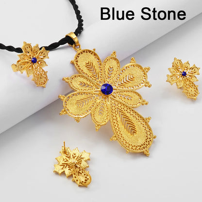 Ethiopian Jewelry sets Cross Pendant Necklaces Earrings Rings Silver/Gold Color African Eritrean Habesha Wedding