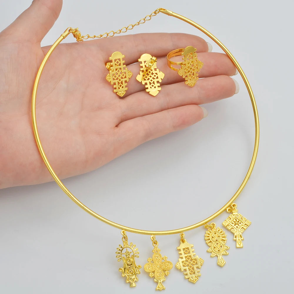 Ethiopian Eritrea Ethnic Jewelry Sets With Cross Chokers Earrings Rings for Women  Africa Wedding Party Gifts