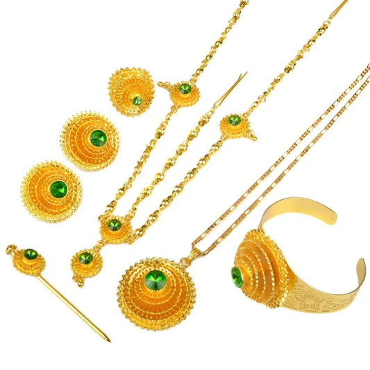Ethiopian Jewelry set Gold Color Green Stone With Hair Piece Hair Pin Women Fashion Eritrea Habesha African