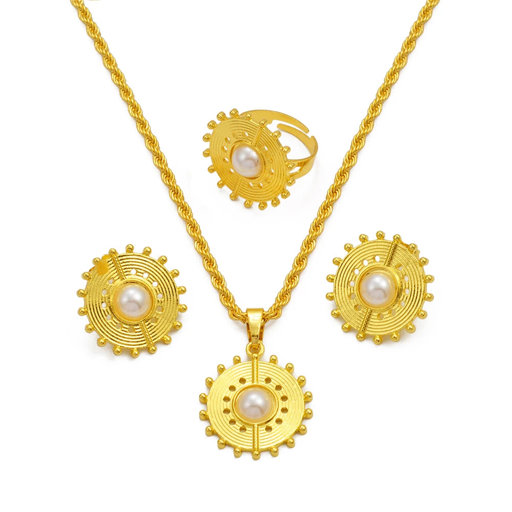 Ethiopian Eritrea Round Jewelry Sets With Pearl Necklace Earrings Rings for Women  African Brides Accessories