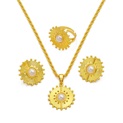Ethiopian Eritrea Round Jewelry Sets With Pearl Necklace Earrings Rings for Women  African Brides Accessories