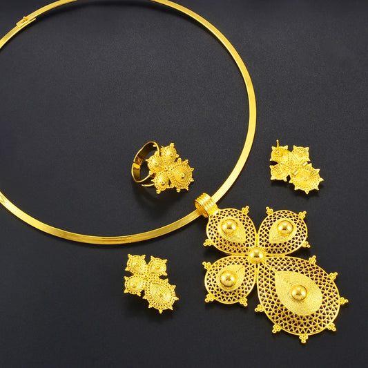 African Gold Color Big Cross Round Chokers Earrings and Ring Jewelry Sets Ethiopian Eritrean Wedding Habesha