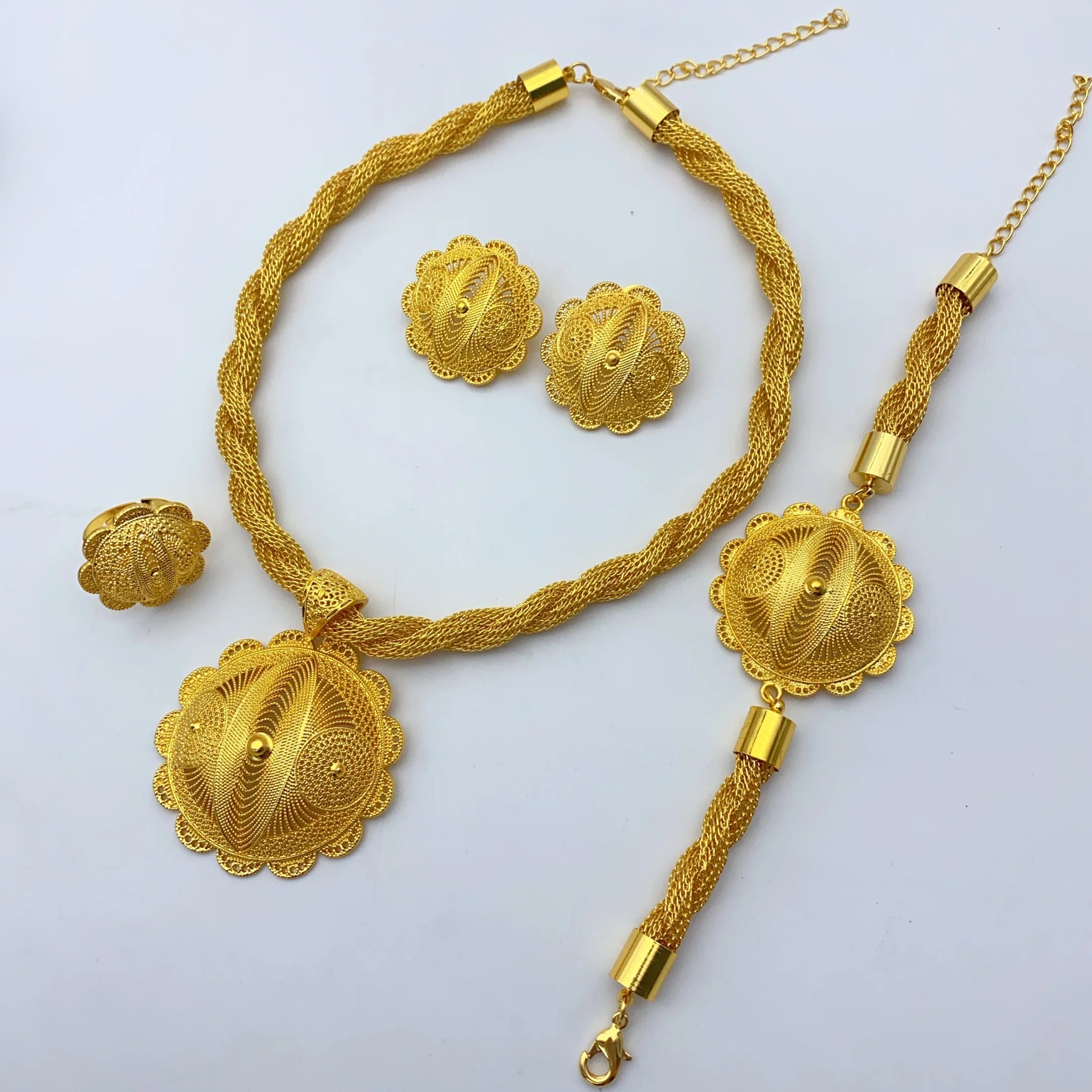 Luxury Ethiopian 24k Gold Color Twisted Necklace And Earrings Jewelry Sets For Women Dubai Indian Bridal Set Wedding