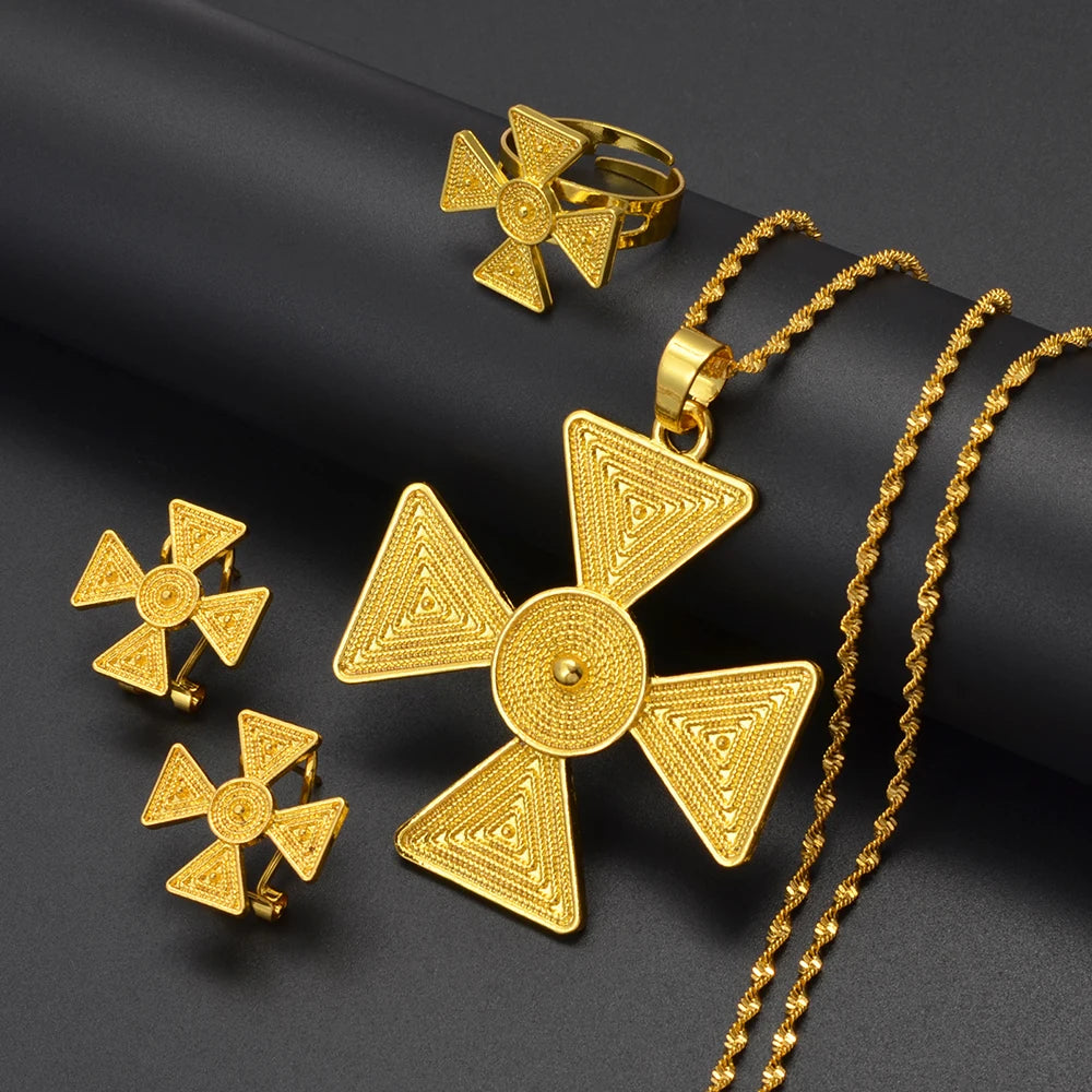 Ethiopian Jewelry Sets for Women Pendant Necklaces Earrings Ring Gold Color Eritrean Ornaments