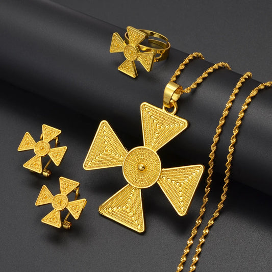 Ethiopian Jewelry Sets for Women Pendant Necklaces Earrings Ring Gold Color Eritrean Ornaments