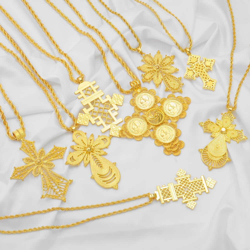 Ethiopian Gold Color Cross Charms Pendant Necklaces African Jewelry Eritrean Anniversary Accessories