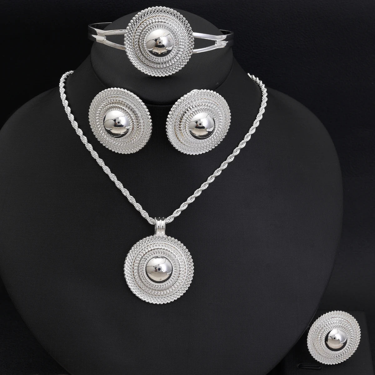 Africa Silver Color Round Geometry Jewelry Set Dubai Pendant Necklace Ring Earrings Arab Ethiopian Bride Wedding Party Gifts