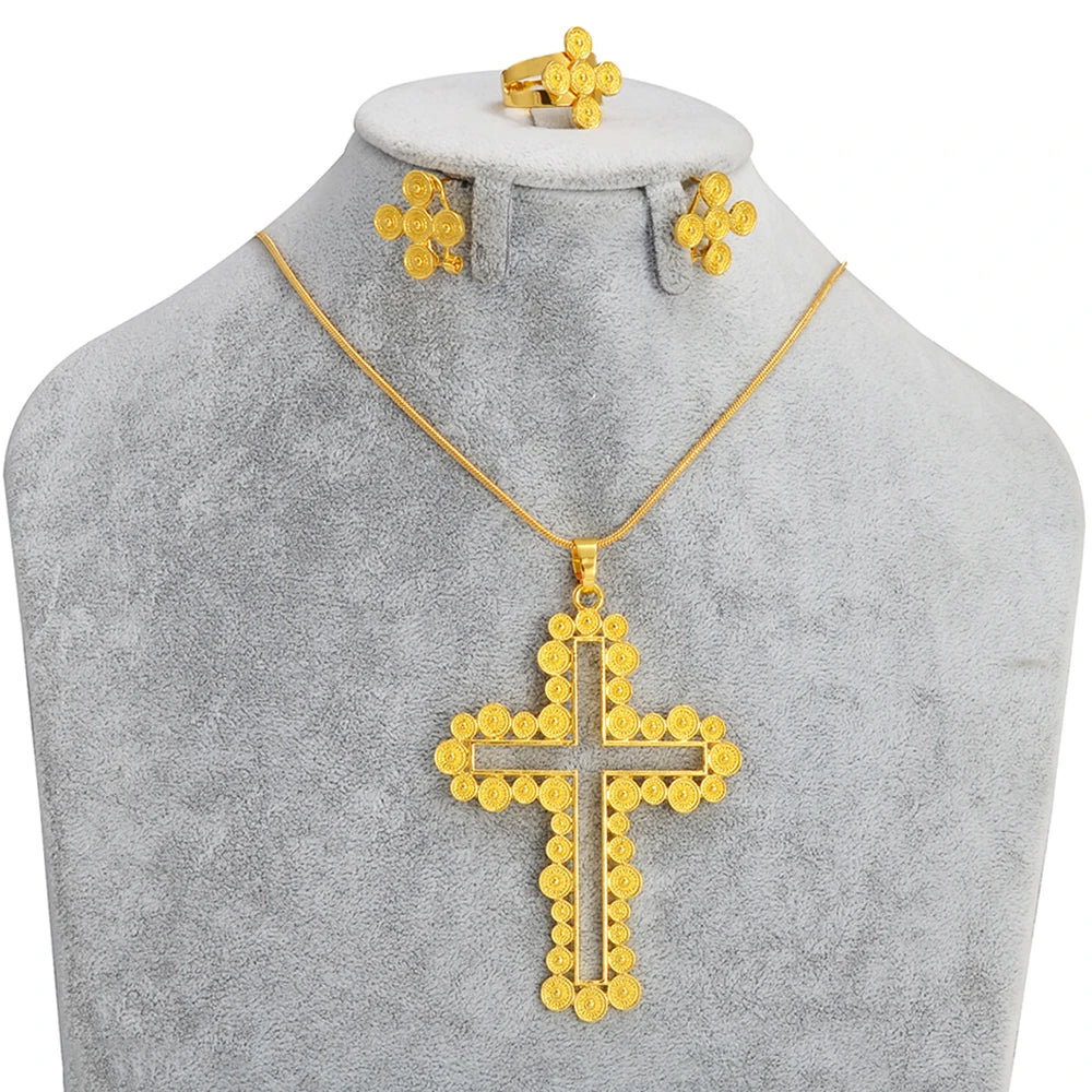 African Cross Necklace Earrings Ring Jewelry Sets Silver & Gold Color Ethiopian Eritrean Holiday Party Ornaments