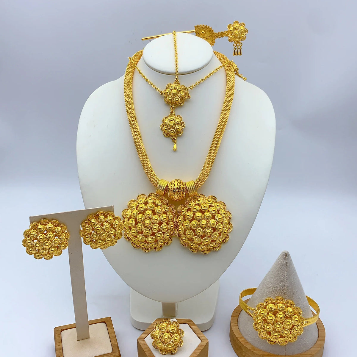 Ethiopian 24k Plated Gold 6PCS Jewelry Set For Woman's African Indian Big Pendant Necklace Wedding Engagement Gifts