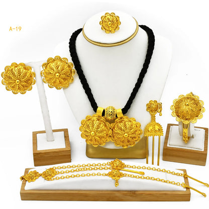 Ethiopian Gold Plated 6PCS Jewelry Set For Woman Big Pendant Necklace Wedding Engagement Gifts