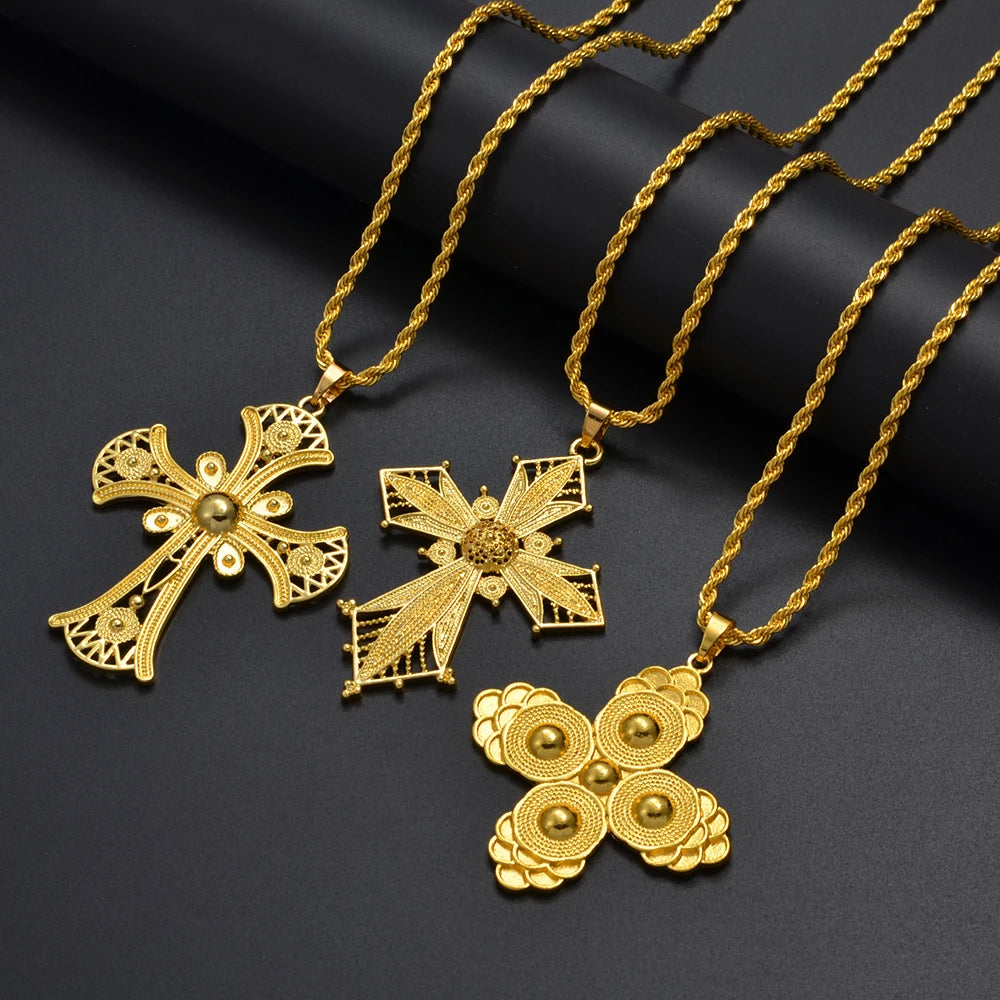 Ethiopian Cross Pendant Necklaces for Women  Gold Color Habesha Eritrean African Ethnic Traditional Jewelry