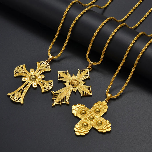 Ethiopian Cross Pendant Necklaces for Women  Gold Color Habesha Eritrean African Ethnic Traditional Jewelry