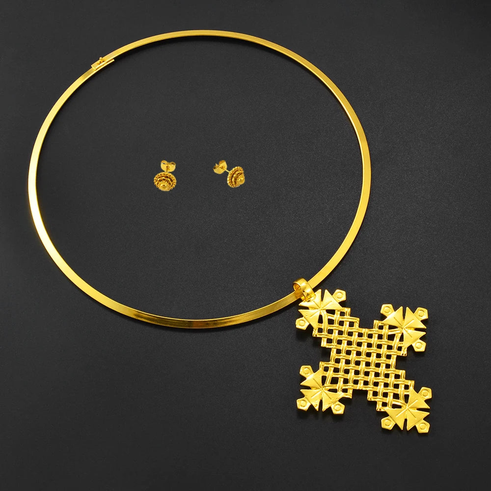 BIG Cross Collar Round Pendant & 1CM Small Earrings Choker Ethiopia Birthday Jewelry sets Africa Eritrean Habesha