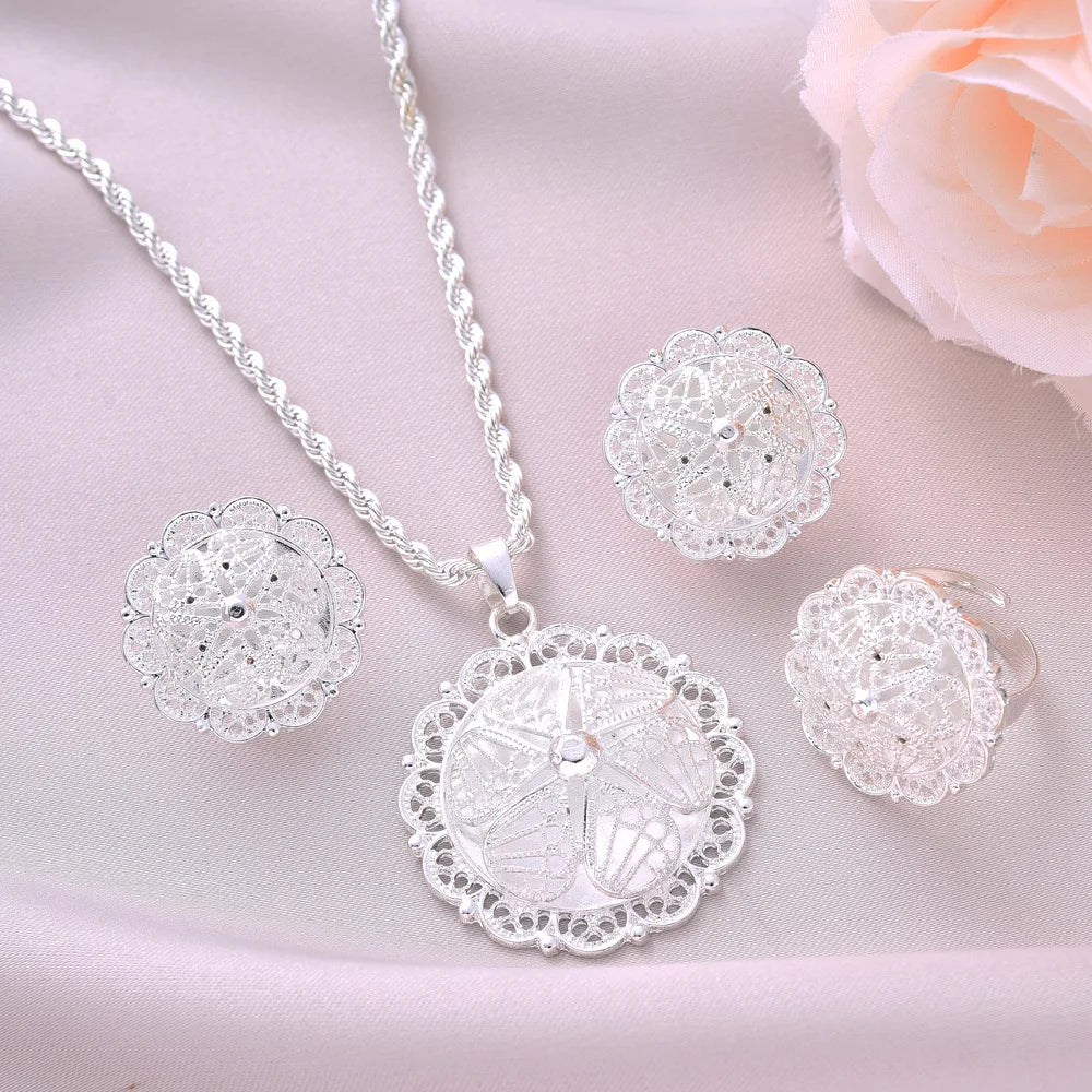 Silver Plated Fashion Ethiopian Big Size Earrings/Pendant/Ring Jewelry Sets Silver Plate Africa Bride Wedding Eritrea Set Gift