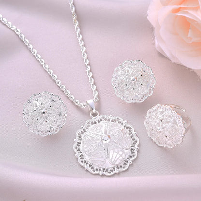Silver Plated Fashion Ethiopian Big Size Earrings/Pendant/Ring Jewelry Sets Silver Plate Africa Bride Wedding Eritrea Set Gift