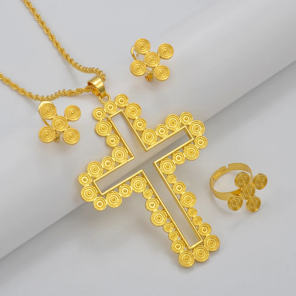 African Ethiopian Eritrean Cross Jewelry Sets Women Gold/Silver Color Pendant Necklaces Earrings Rings Saudi Arabia