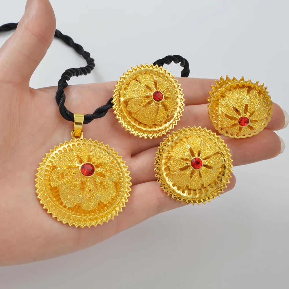 Ethiopian Jewelry Sets Red Stone Pendant and Black Rope Earrings Bracelet Rings Habesha Eritrean African Wedding